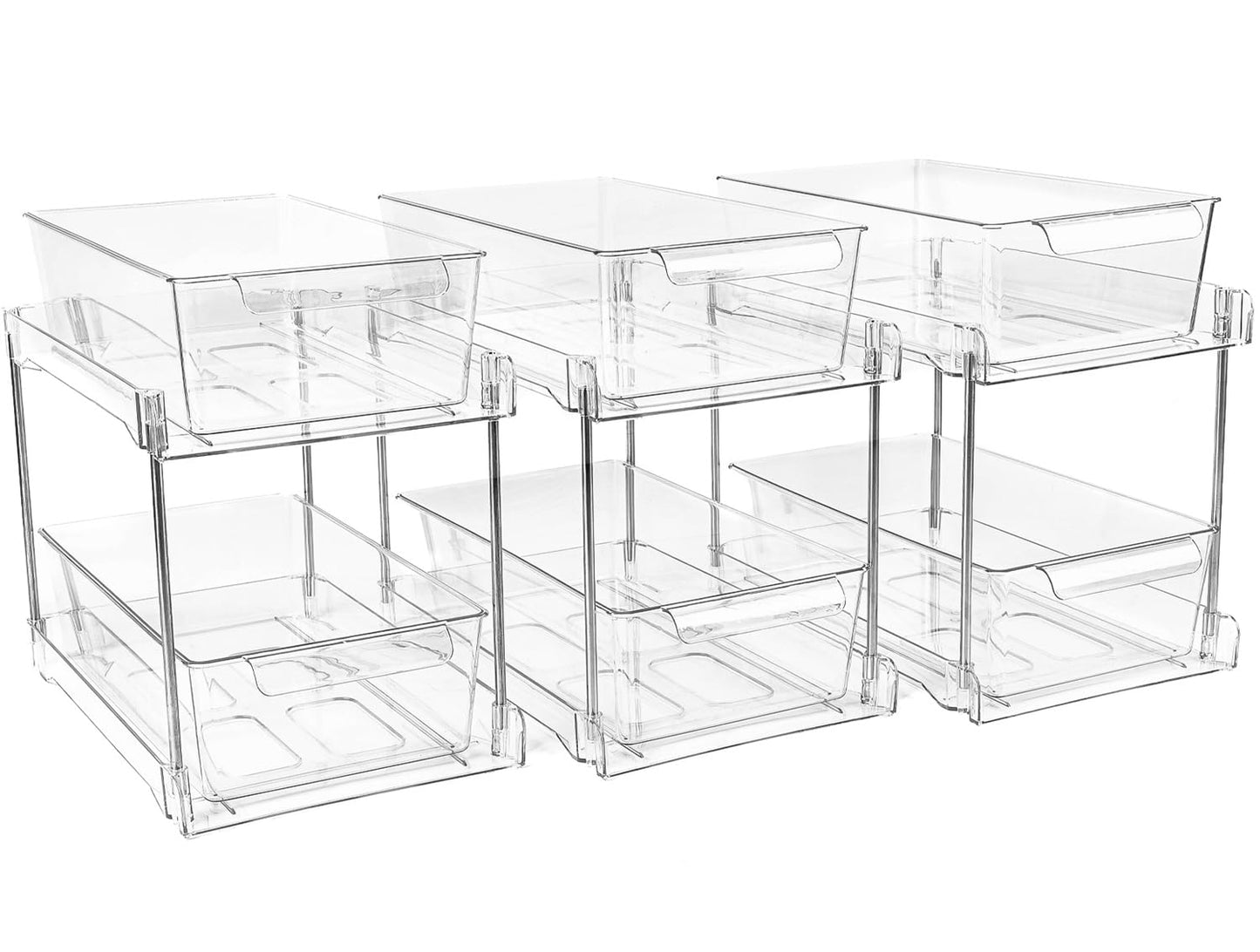 4 Pack 2-Tier Bathroom Under Sink Organizers and Storage - Clear Stackable Containers for Kitchen, Pantry, Vanity, Medicine Cabinet, Makeup, and Counter with Pull-Out Track
