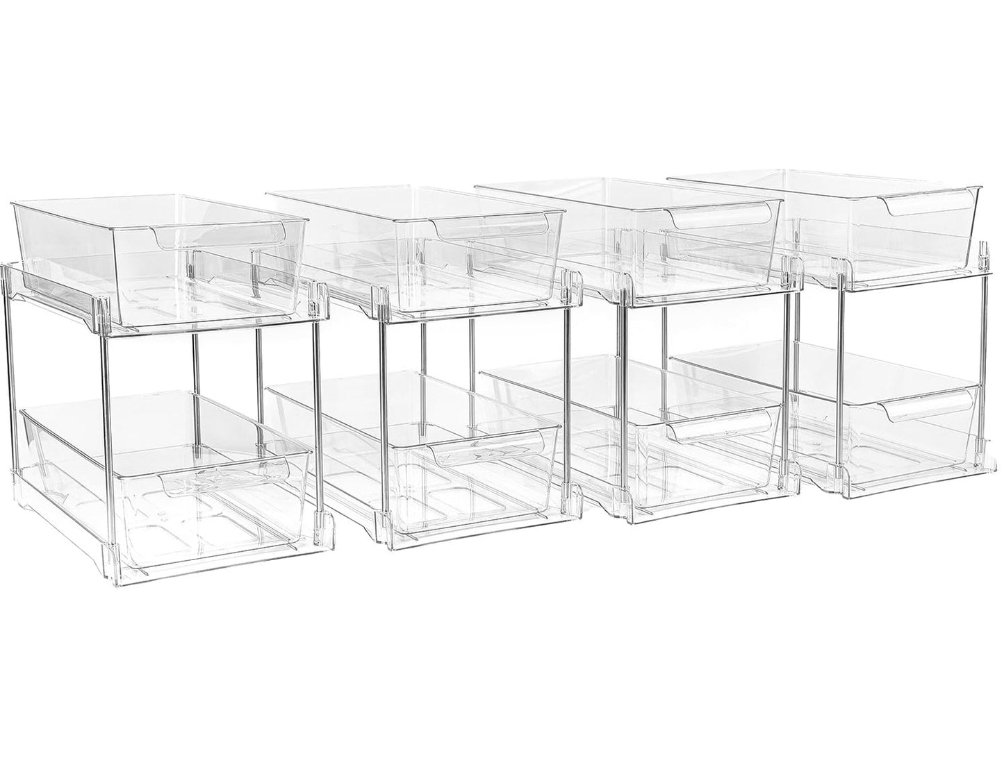 4 Pack 2-Tier Bathroom Under Sink Organizers and Storage - Clear Stackable Containers for Kitchen, Pantry, Vanity, Medicine Cabinet, Makeup, and Counter with Pull-Out Track