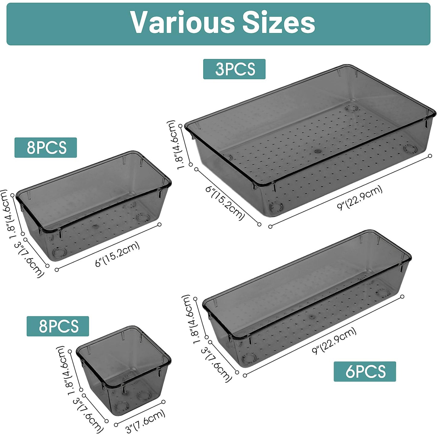 25 PCS Clear Plastic Drawer Organizer Set, 4 Sizes Desk Drawer Divider Organizers and Storage Bins for Makeup, Jewelry, Gadgets for Kitchen, Bedroom, Bathroom, Office