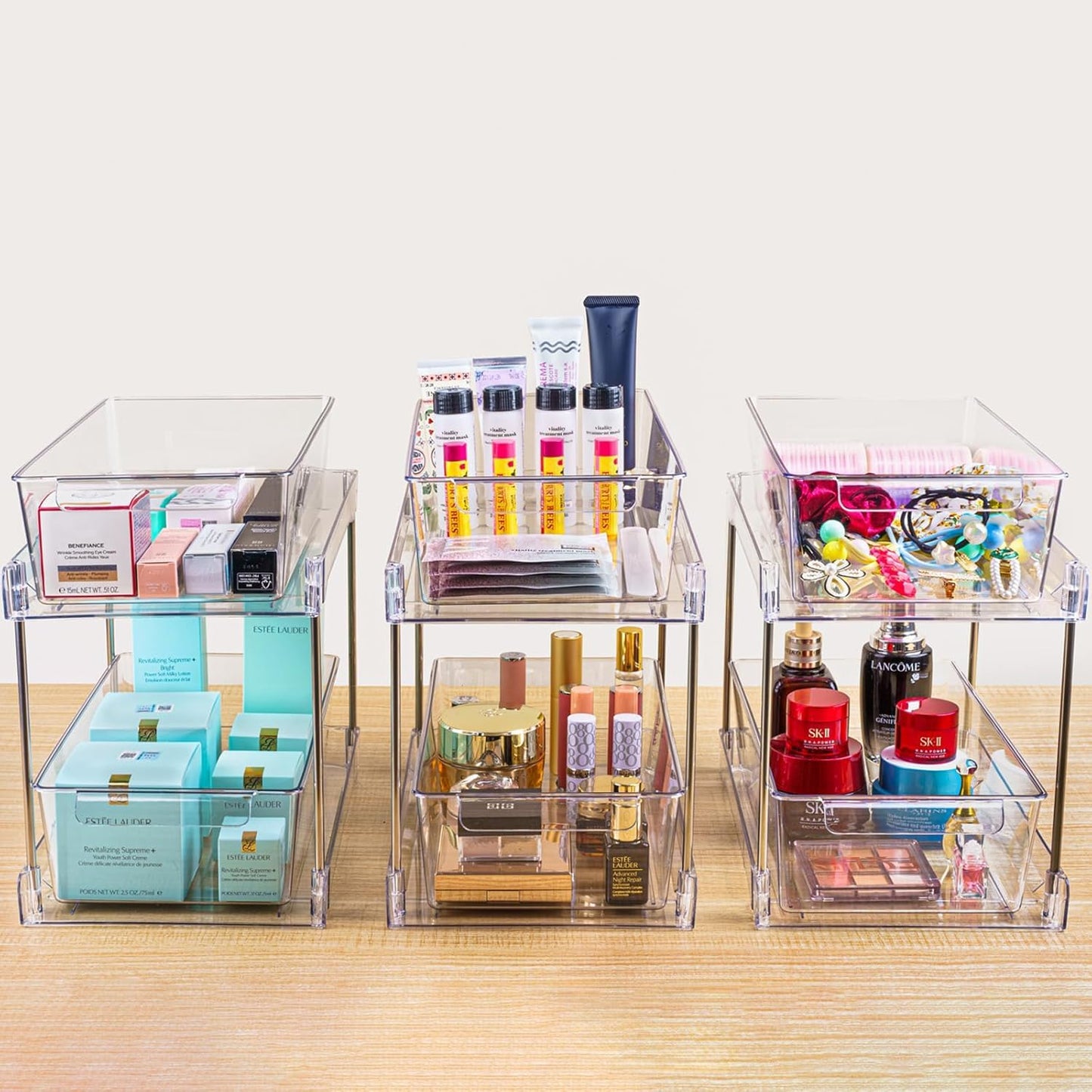 4 Pack 2-Tier Bathroom Under Sink Organizers and Storage - Clear Stackable Containers for Kitchen, Pantry, Vanity, Medicine Cabinet, Makeup, and Counter with Pull-Out Track