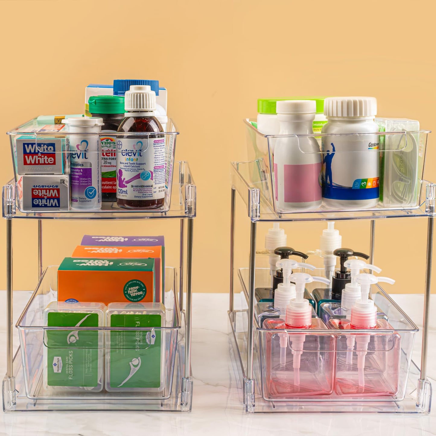 4 Pack 2-Tier Bathroom Under Sink Organizers and Storage - Clear Stackable Containers for Kitchen, Pantry, Vanity, Medicine Cabinet, Makeup, and Counter with Pull-Out Track