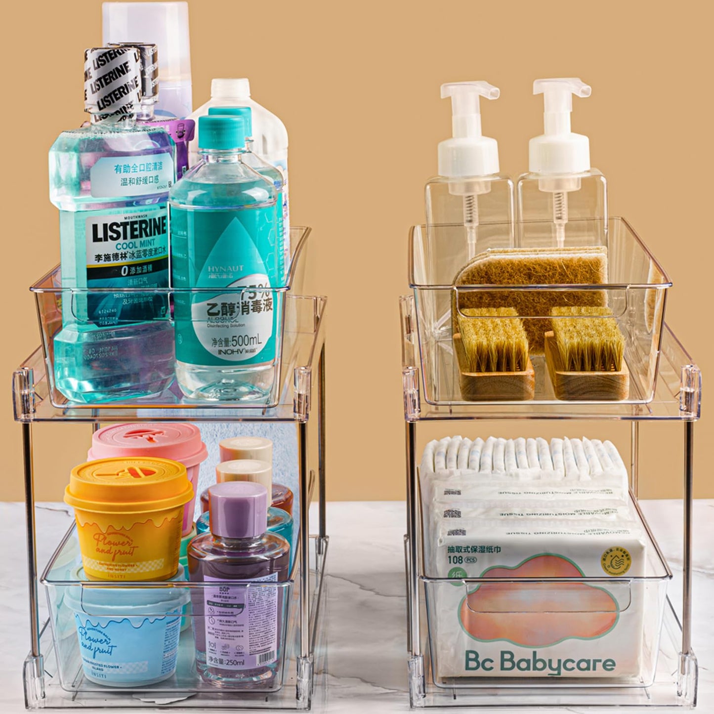 4 Pack 2-Tier Bathroom Under Sink Organizers and Storage - Clear Stackable Containers for Kitchen, Pantry, Vanity, Medicine Cabinet, Makeup, and Counter with Pull-Out Track