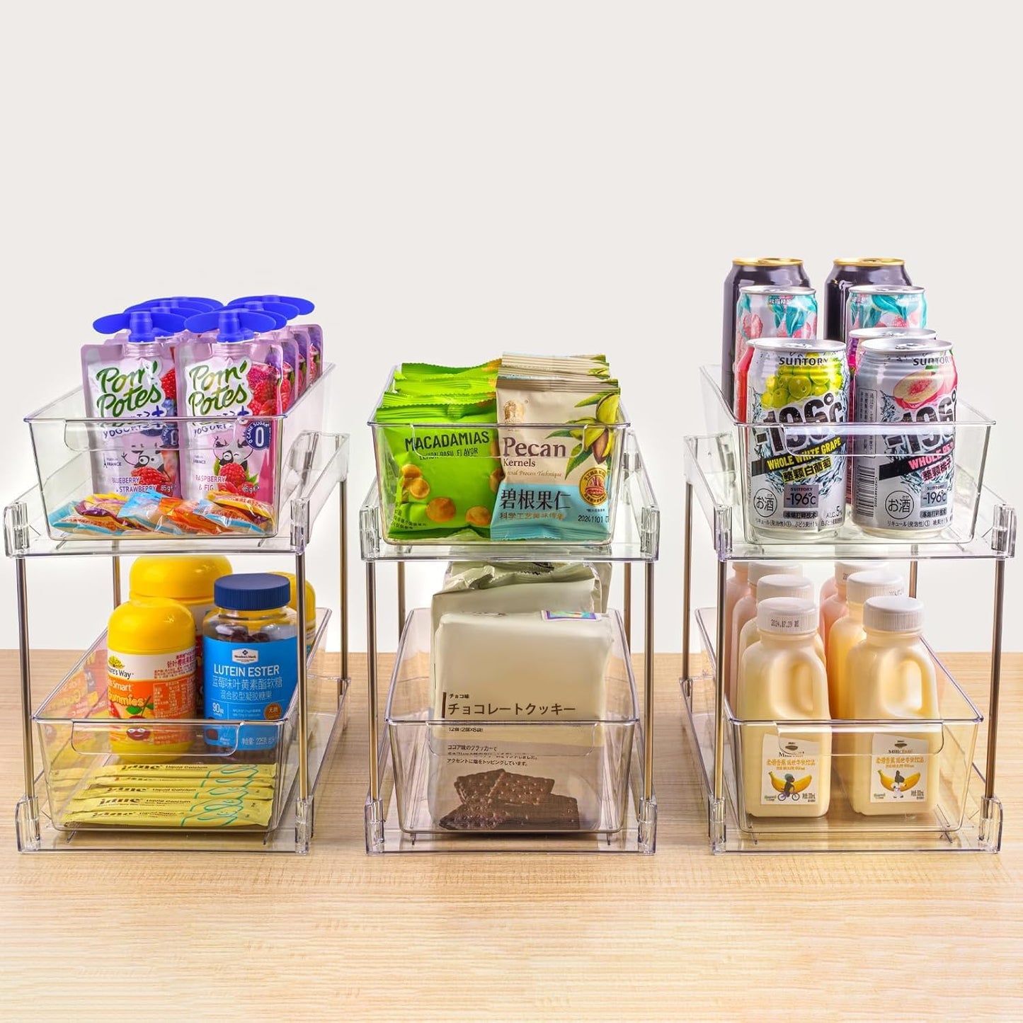 4 Pack 2-Tier Bathroom Under Sink Organizers and Storage - Clear Stackable Containers for Kitchen, Pantry, Vanity, Medicine Cabinet, Makeup, and Counter with Pull-Out Track