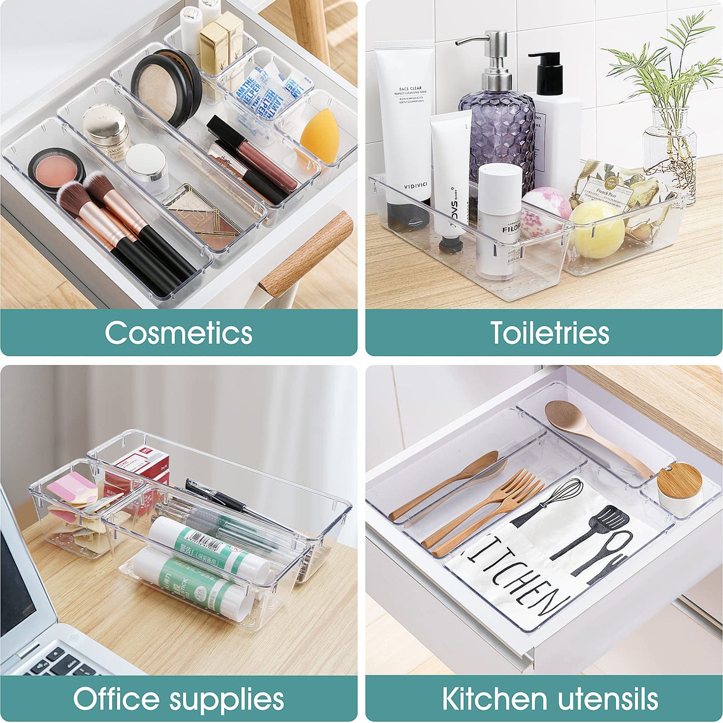 25 PCS Clear Plastic Drawer Organizer Set, 4 Sizes Desk Drawer Divider Organizers and Storage Bins for Makeup, Jewelry, Gadgets for Kitchen, Bedroom, Bathroom, Office
