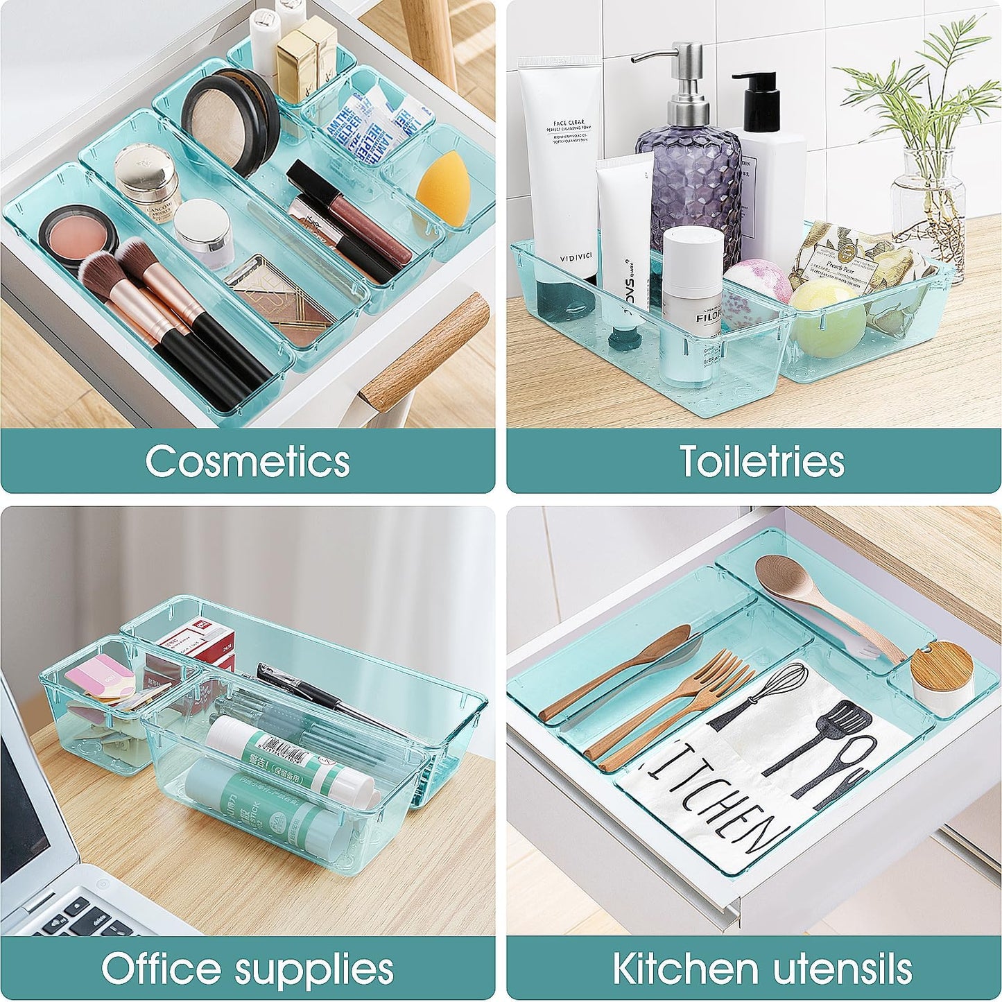 25 PCS Clear Plastic Drawer Organizer Set, 4 Sizes Desk Drawer Divider Organizers and Storage Bins for Makeup, Jewelry, Gadgets for Kitchen, Bedroom, Bathroom, Office