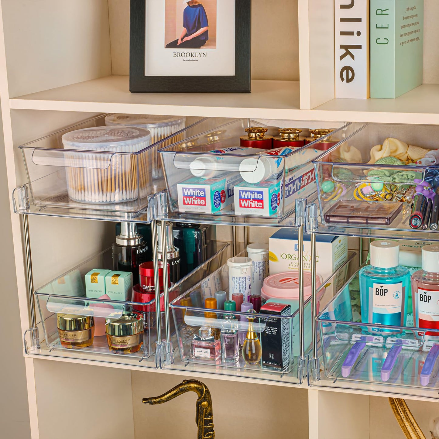 4 Pack 2-Tier Bathroom Under Sink Organizers and Storage - Clear Stackable Containers for Kitchen, Pantry, Vanity, Medicine Cabinet, Makeup, and Counter with Pull-Out Track