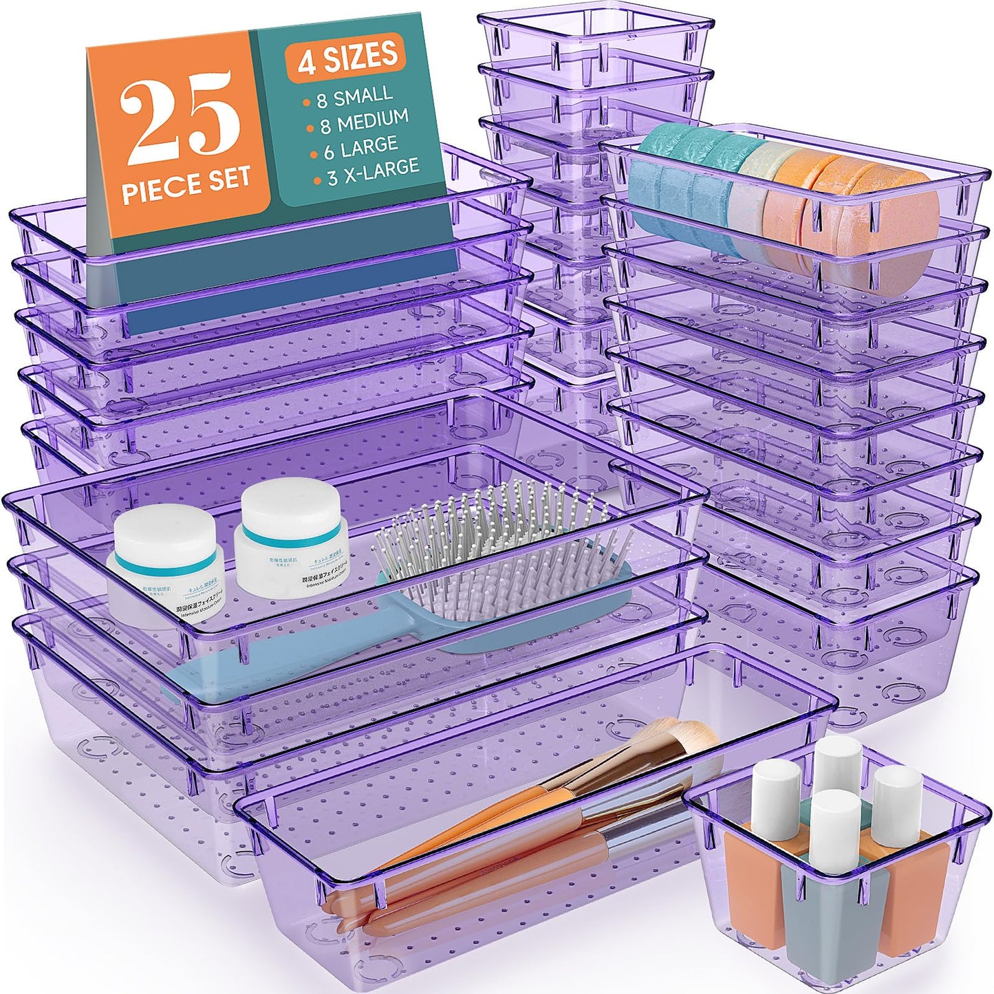 25 PCS Clear Plastic Drawer Organizer Set, 4 Sizes Desk Drawer Divider Organizers and Storage Bins for Makeup, Jewelry, Gadgets for Kitchen, Bedroom, Bathroom, Office