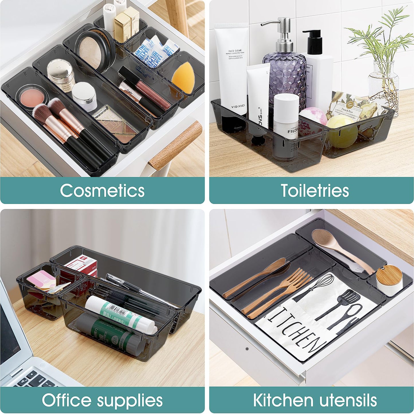 25 PCS Clear Plastic Drawer Organizer Set, 4 Sizes Desk Drawer Divider Organizers and Storage Bins for Makeup, Jewelry, Gadgets for Kitchen, Bedroom, Bathroom, Office
