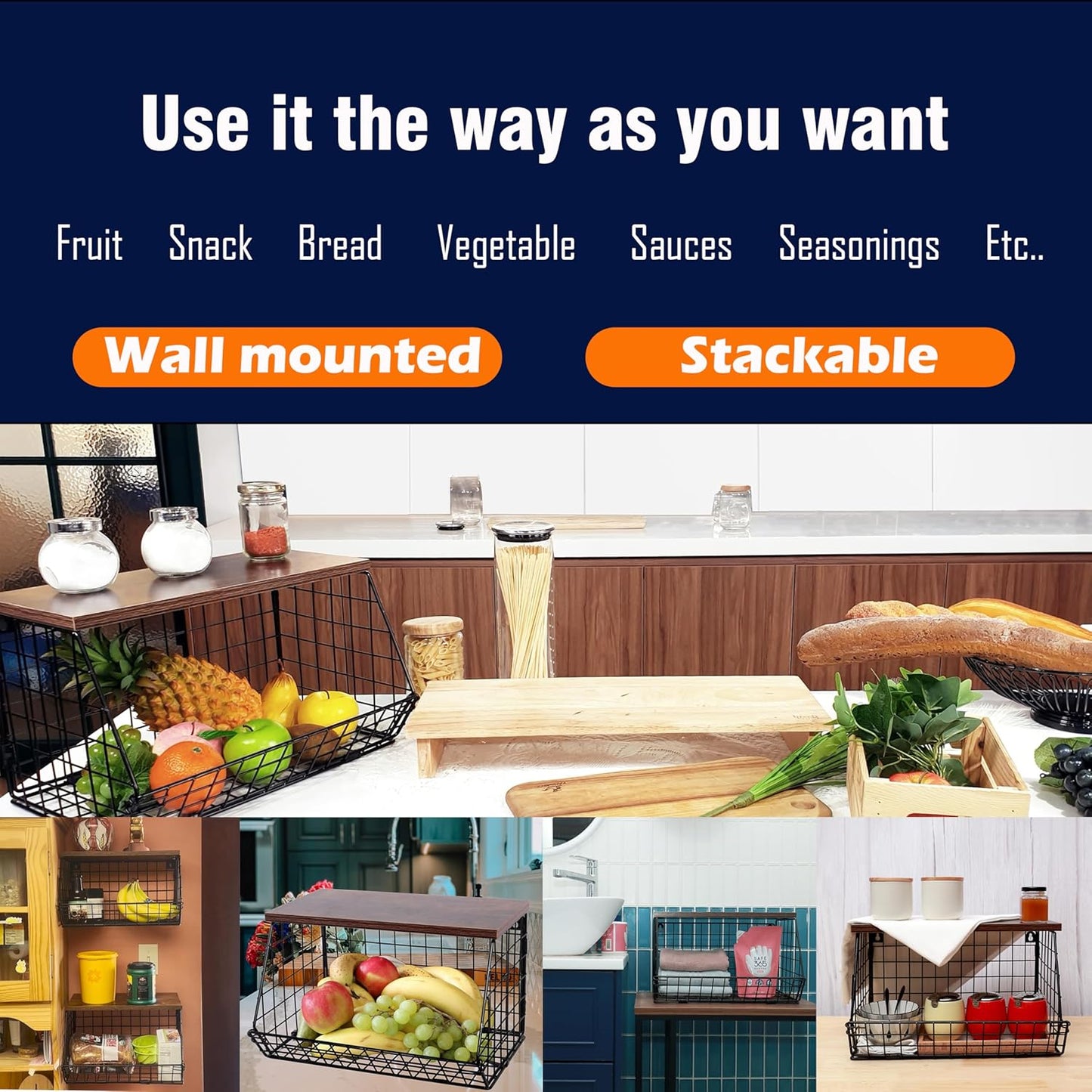 2 Set Large Wall Mounted Basket with Stackable lid Wood Top-Fruit Bowl-hanging fruit basket-Saving Organizing-Kitchen Counter Organizer for Onion,Potato,Vegetable,Snack,Bread, Black