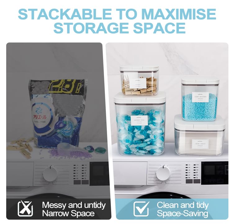 3 Pack Laundry Powder Containers & Dryer Sheet Holder with Lids & Labels - Airtight Laundry Room Organization and Storage Jars for Pods, Scent Beads, Balls, Detergent