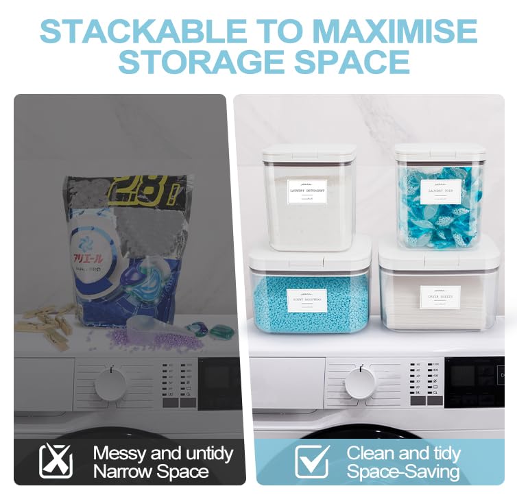 3 Pack Laundry Powder Containers & Dryer Sheet Holder with Lids & Labels - Airtight Laundry Room Organization and Storage Jars for Pods, Scent Beads, Balls, Detergent