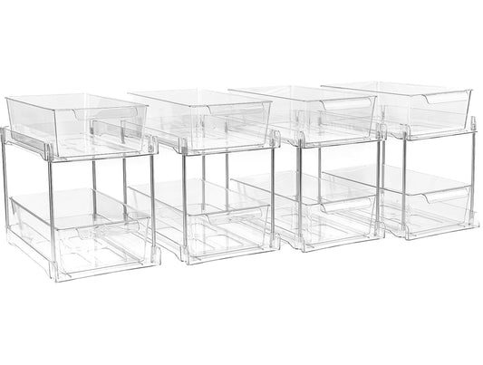4 Pack 2-Tier Bathroom Under Sink Organizers and Storage - Clear Stackable Containers for Kitchen, Pantry, Vanity, Medicine Cabinet, Makeup, and Counter with Pull-Out Track