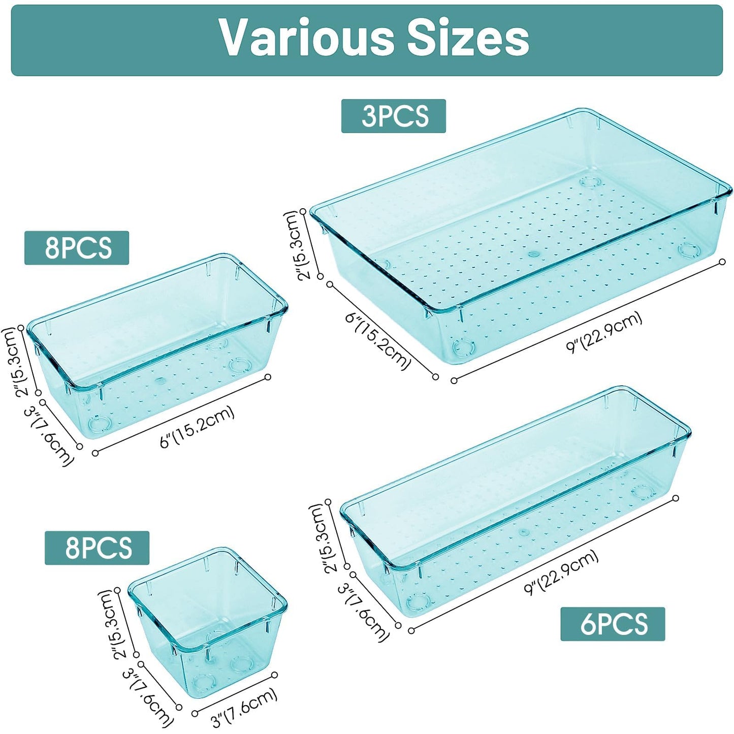 25 PCS Clear Plastic Drawer Organizer Set, 4 Sizes Desk Drawer Divider Organizers and Storage Bins for Makeup, Jewelry, Gadgets for Kitchen, Bedroom, Bathroom, Office