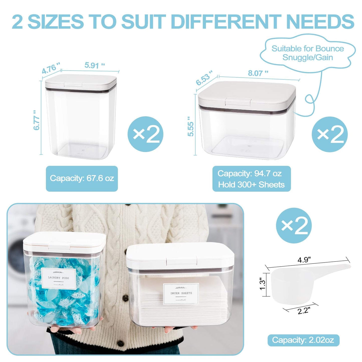 3 Pack Laundry Powder Containers & Dryer Sheet Holder with Lids & Labels - Airtight Laundry Room Organization and Storage Jars for Pods, Scent Beads, Balls, Detergent