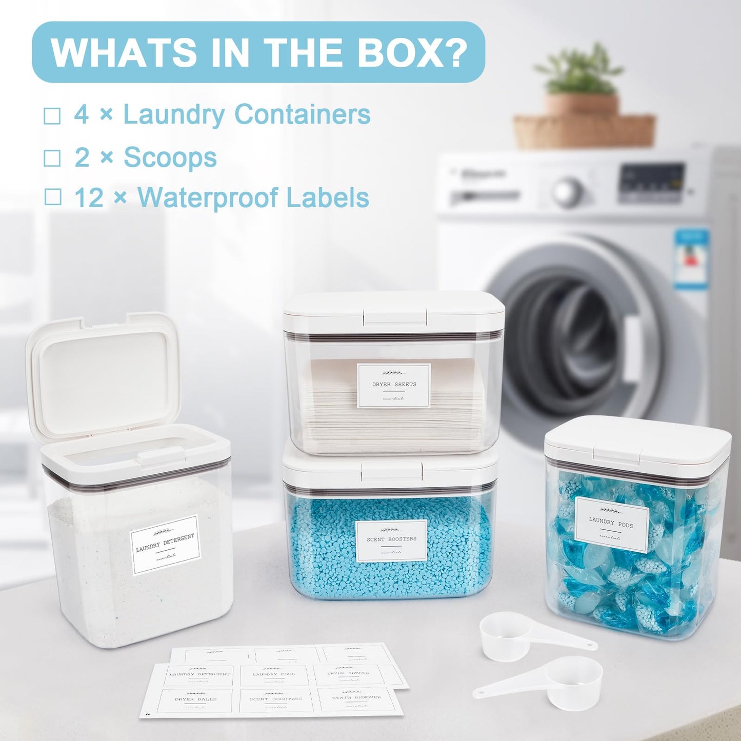 3 Pack Laundry Powder Containers & Dryer Sheet Holder with Lids & Labels - Airtight Laundry Room Organization and Storage Jars for Pods, Scent Beads, Balls, Detergent