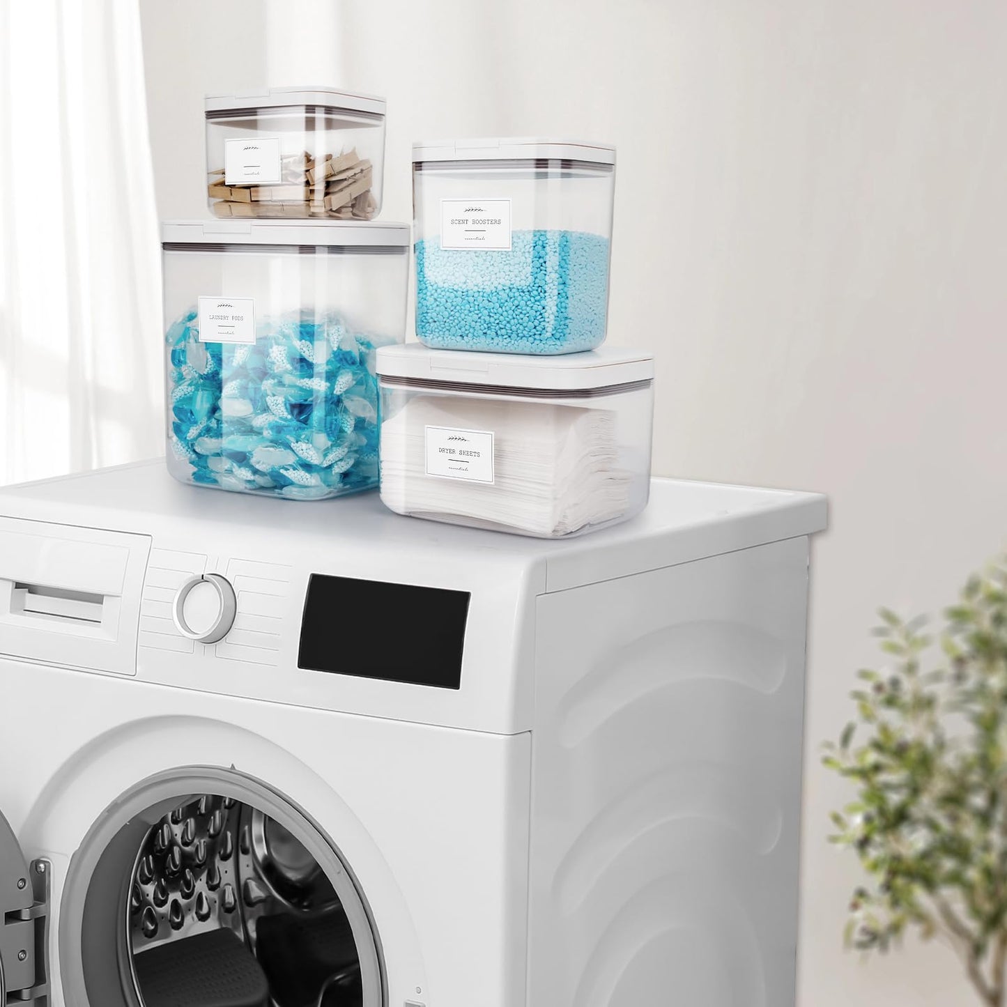 3 Pack Laundry Powder Containers & Dryer Sheet Holder with Lids & Labels - Airtight Laundry Room Organization and Storage Jars for Pods, Scent Beads, Balls, Detergent