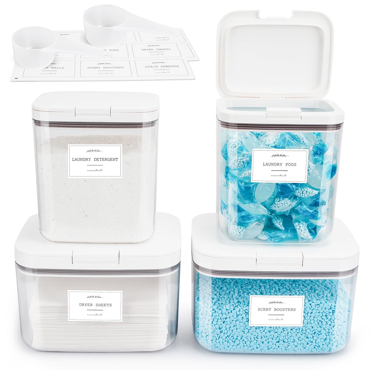 3 Pack Laundry Powder Containers & Dryer Sheet Holder with Lids & Labels - Airtight Laundry Room Organization and Storage Jars for Pods, Scent Beads, Balls, Detergent