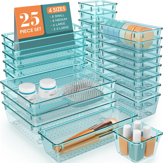 25 PCS Clear Plastic Drawer Organizer Set, 4 Sizes Desk Drawer Divider Organizers and Storage Bins for Makeup, Jewelry, Gadgets for Kitchen, Bedroom, Bathroom, Office