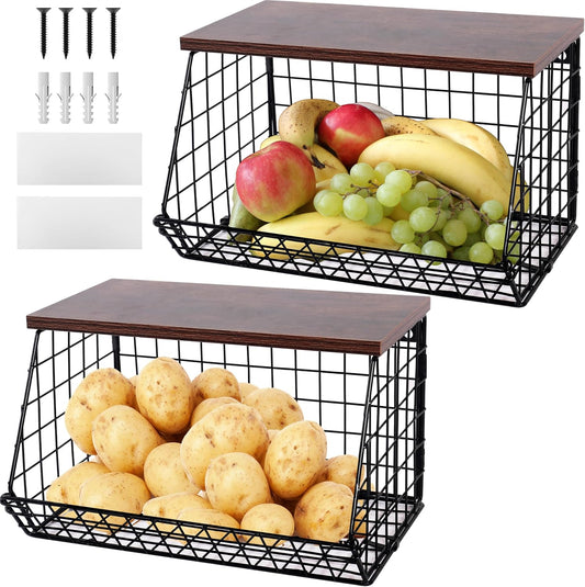 2 Set Large Wall Mounted Basket with Stackable lid Wood Top-Fruit Bowl-hanging fruit basket-Saving Organizing-Kitchen Counter Organizer for Onion,Potato,Vegetable,Snack,Bread, Black