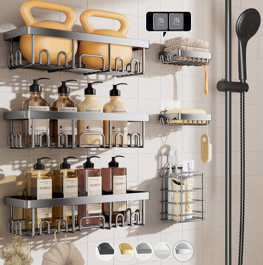 Veken Stainless Steel Shower Caddy 6-Pack, No Drilling & Rustproof, Waterproof Adhesive Shelves Rack with Soap Holder, Large Capacity Bathroom Organizers and Storage, Wall-Mounted Kitchen & Home Decor
